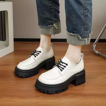 Мода 2024 года, женская весна и осень, новые повседневные туфли в стиле ретро, толстые каблуки, толстая подошва, женские туфли в британском стиле, маленькие кожаные туфли 35 бежевый