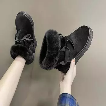 Мода 2024 года Женская зимняя обувь Зимние сапоги Женские ботильоны Теплые меховые туфли с бантом на плоской подошве с женской обувью Tide Botas De Mujer 35 чёрный
