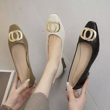 Мода 2024 года, женские элегантные бежевые туфли с квадратным носком, каблук, женские металлические аксессуары, удобная и милая обувь 37 бежевый