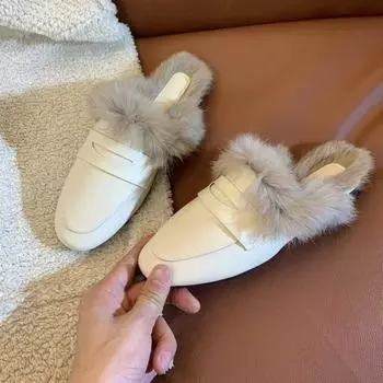 Мода 2024 года, женские элегантные плюшевые тапочки, теплые корейские тапочки, новый стиль, уличные тапочки с плоским носком из хлопка для женщин 35 бежевый