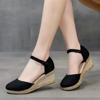 Мода 2024 года, женские эспадрильи, сандалии с ремешком на щиколотке, удобные тапочки, женская повседневная обувь, дышащие туфли-лодочки из льна и конопли 34 чёрный