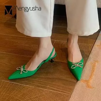 Мода 2024 года, женские босоножки с эластичным ремешком сзади, туфли на высоком каблуке с открытой пяткой, элегантные женские туфли-лодочки для офиса, летние тапочки с кристаллами, мокасины с бантом 5 белый