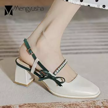 Мода 2024 года, женские босоножки с бисером и ремешком на пятке, женские шлепанцы на толстом высоком каблуке, сандалии с узким ремешком на щиколотке, женские 5 бежевый
