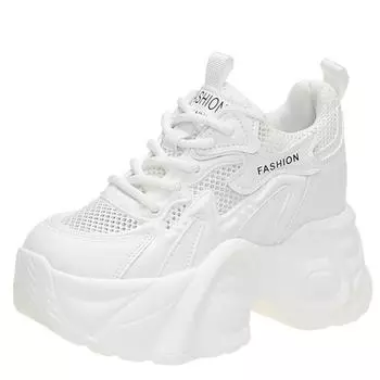 Мода 2024 года, женские кроссовки на толстой платформе, спортивная обувь Ulzzang, летняя повседневная обувь с дышащей сеткой и толстой подошвой, каблуки 9 см, женская обувь 34 бежевый