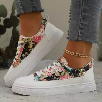 Мода 2024 года, женские кроссовки с цветочным принтом на плоской подошве, дизайнерская удобная повседневная осенняя обувь, кроссовки на шнуровке с мягкой подошвой для ходьбы для женщин 36 белый