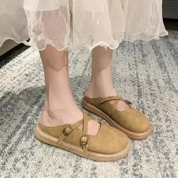Мода 2024 года, женские летние новые модные дизайнерские тапочки с пряжкой, уличные повседневные удобные плоские нескользящие женские мюли Zapatos 35 бежевый