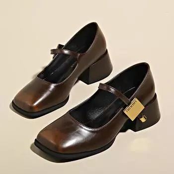 мода 2024 года, женские летние новые нежные ретро-туфли из кожи с юбкой, толстые туфли Мэри Джейн 34 бежевый