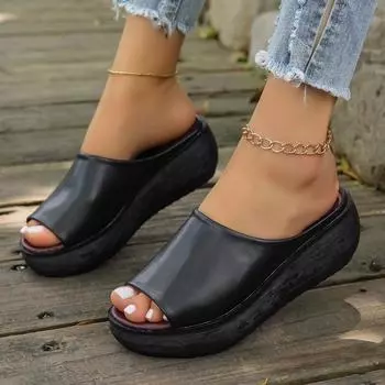 мода 2024 года, женские летние новые туфли на танкетке с рыбьим ртом One Word Drag с толстой подошвой, женские тапочки 36 чёрный