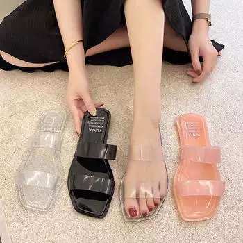 Мода 2024 года, женские летние сандалии из желе, прозрачные шлепанцы ярких цветов, женская мода, слипоны на плоской подошве, пляжная обувь для дома и отдыха 36 чёрный