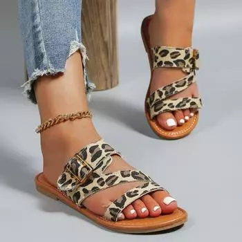 Мода 2024 года, женские летние сандалии с леопардовым узором, новые модные ретро-тапочки на плоской подошве, повседневная обувь для отдыха на пляже, легкая 36 белый