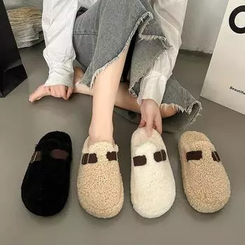 мода 2024 года женские модные тапочки на платформе с мехом зимние нескользящие теплые плюшевые пушистые шлепанцы сплошные закрытые носки для дома Zapatos De Mujer 35 бежевый
