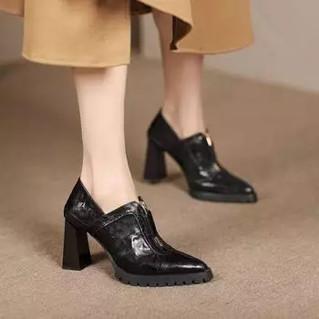 Мода 2024 года, женские модные туфли на толстом каблуке, осенние новые, с заостренной передней молнией, противоскользящие, износостойкие туфли на высоком каблуке для женщин 34 чёрный
