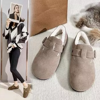 Мода 2024 года, женские новые модные и удобные замшевые плюшевые пряжки, декоративные домашние тапочки на плоской подошве, женские сандалии 35 темные хаки