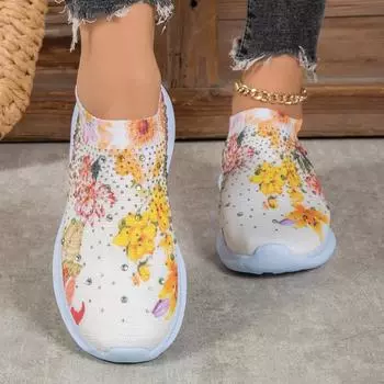 Мода 2024 года, женские новые мягкие туфли на плоской подошве с принтом, осенняя дышащая спортивная обувь на толстой подошве, женская повседневная обувь с цветочным принтом в китайском стиле 35 жёлтый