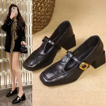 Мода 2024 года, женские новые туфли на толстом каблуке, осенние туфли с квадратным носком и пряжкой, нескользящие, износостойкие, удобные, повседневные туфли на высоком каблуке с низким верхом 35 чёрный