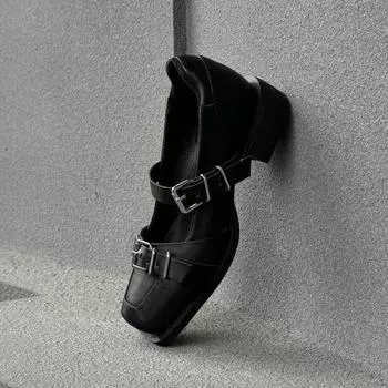 Мода 2024 года, женские новые туфли с квадратным носком и металлической пряжкой, низкие, для женщин, осенние, на толстом каблуке, популярные кожаные туфли 35 чёрный