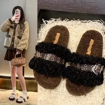 Мода 2024 года, женские новые замшевые теплые тапочки на толстой подошве, модные и повседневные женские хлопковые тапочки в гавайском римском стиле с пряжкой на поясе 35 белый