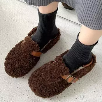 Мода 2024 года, женские новые зимние плюшевые туфли на плоской подошве, теплые зимние сапоги, модные низкие хлопковые туфли с круглым носком и пряжкой 35 абрикосовый