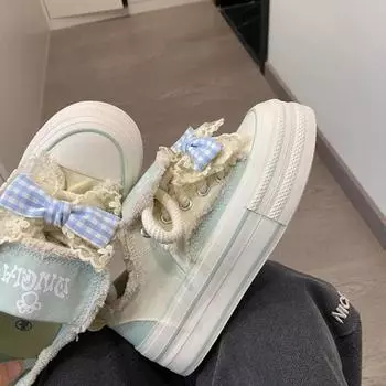 Мода 2024 года. Женские парусиновые туфли на толстой подошве. Новые повседневные туфли с бантами и шнуровкой. Женские белые туфли для скейтбординга на шнуровке. 35 зелёный