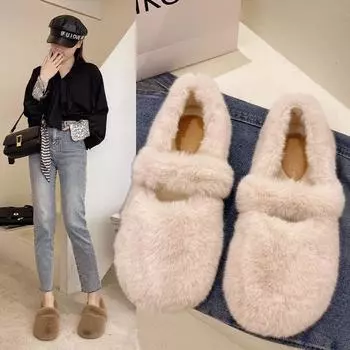 Мода 2024 года, женские повседневные однотонные замшевые плюшевые теплые мокасины с круглым носком, новые зимние повседневные мягкие туфли с низким верхом 35 бежевый