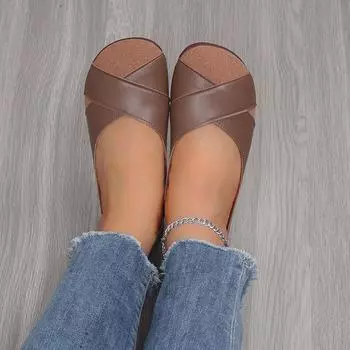 Мода 2024 года. Женские повседневные туфли без застежек на плоской подошве. Модные лоферы. Летние и осенние удобные туфли с круглым носком. Симпатичные туфли. Однотонные. 35 бежевый