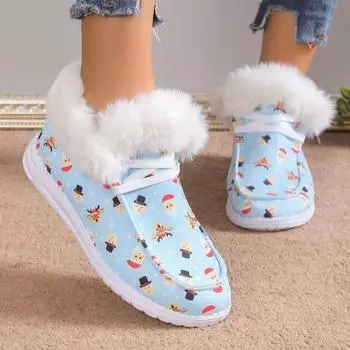 Мода 2024 года. Женские повседневные туфли на плоской подошве с мультяшным принтом. Мягкие рождественские теплые парусиновые туфли. 36 синий