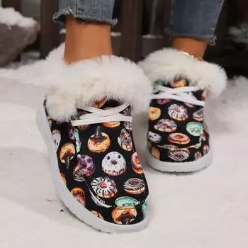 Мода 2024 года. Женские пушистые парусиновые туфли с принтом. Низкие кеды. Зимние теплые балетки с плюшевой подкладкой. 36