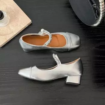 Мода 2024 года, женские серебристые туфли Мэри Джейн с квадратной головкой и жемчугом, неглубокий носок, толстый средний каблук, стиль весна-лето 35 серебряный