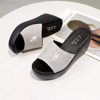 Мода 2024 года, женские тапочки, летние, на платформе, с открытым носком, со стразами, женские, однотонные, женские, повседневные, для отдыха на природе, женские 35 бежевый