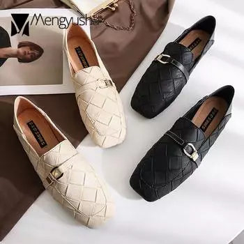 Мода 2024 года, женские трикотажные туфли на плоской подошве с металлической пряжкой на ремне, эспадрильи без застежек, женские удобные мокасины с квадратным носком, размеры 35-41 5 абрикосовый