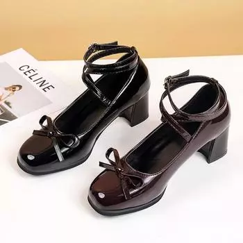 Мода 2024 года, женские туфли из лакированной кожи на высоком каблуке, женские милые туфли Мэри Джейн с бантом, винтажная обувь для девочек, студентов, форма JK, обувь для косплея 35 вино красного