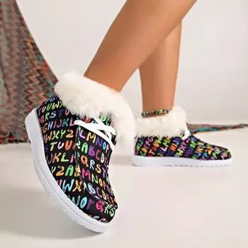Мода 2024 года. Женские туфли из парусины с принтом граффити. Кроссовки на плоской подошве. Зимние теплые мокасины без застежек. 36 чёрный