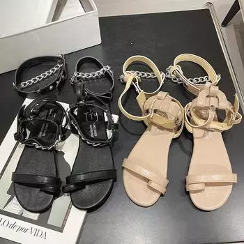 Мода 2024 года, женские туфли на плоской подошве с обувью, гладиаторские сандалии, женская новая обувь, круглый носок, модные женские туфли на плоской подошве с металлической цепочкой, сандалии 35 чёрный