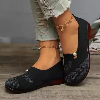 Мода 2024 года. Женские туфли на плоской подошве. Мокасины с сеткой и квадратным носком. Женские туфли на плоской подошве с неглубокой горловиной. Трикотажные туфли на плоской подошве. Повседневные слипоны. 36 бежевый