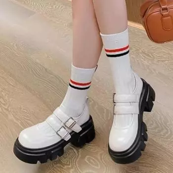 Мода 2024 года, женские туфли на плоской подошве в британском стиле, туфли Мэри Джейн с толстой подошвой и пряжкой 35 бежевый