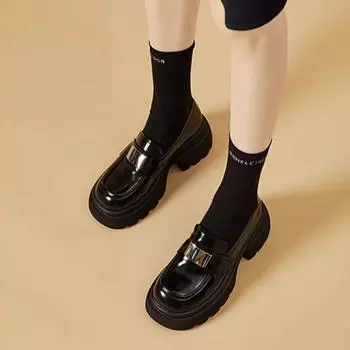 Мода 2024 года. Женские туфли на толстой подошве и высоком каблуке. Повседневная женская обувь в британском стиле с квадратным носком. Модные и универсальные. 35 чёрный