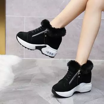 Мода 2024 года. Женские туфли на высоком каблуке. Мягкие теплые зимние кроссовки. Повседневная женская повседневная обувь с боковой молнией. 35 чёрный