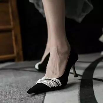 Мода 2024 года, женские туфли на высоком каблуке, новые босоножки с острым носком, украшенные бисером, женские туфли на шпильках, свадебные туфли с коротким носком 34 бежевый