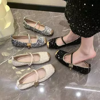 Мода 2024 года, женские туфли с квадратным носком, новые дизайнерские туфли, блестящие балетки для женщин с золотым носком 35 бежевый