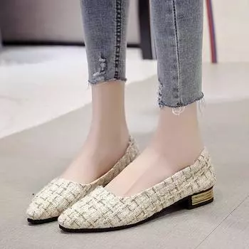 Мода 2024 года, женские туфли с острым носком и цветными блоками, квадратный носок, неглубокий вырез, без застежек, универсальная, повседневная обувь на весну и осень 35 бежевый