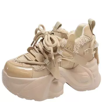 Мода 2024 года, женские зимние теплые плюшевые зимние сапоги, каблук 9 см, высокие спортивные кроссовки на платформе, женские кожаные ботинки на толстом меху 34 хаки
