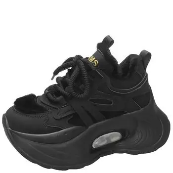 Мода 2024 года, женские зимние теплые плюшевые зимние туфли на каблуке 7,5 см, спортивные кроссовки на платформе, женские кожаные туфли на толстом меху 35 хаки