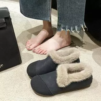 Мода 2024 года, зима, новые ретро-туфли с круглым носком на плоской подошве, теплые хлопковые туфли без застежек для женщин, повседневные, универсальные, с раздельным соединением, мягкая подошва 35 коричневый