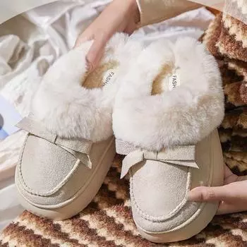 Мода 2024 года, зимние теплые хлопковые тапочки для женщин и мужчин, мягкие меховые милые банты для пар, домашние туфли, нескользящие женские и мужские пушистые тапочки 36-37 чёрный