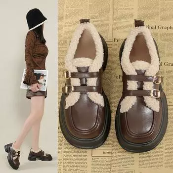 Мода 2024 года, зимние теплые новые роскошные дизайнерские мокасины, повседневная спортивная обувь, толстая подошва, без застежек, меховая обувь, модная и универсальная 35 чёрный
