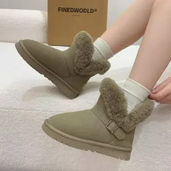 Мода 2024 года, зимние теплые новые женские модные повседневные замшевые плюшевые сапоги на плоской подошве с пряжкой и коротким каблуком, женские сапоги на платформе 35 жёлтый