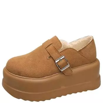 Мода 2024 года, зимние теплые пушистые кроссовки из замши и кожи, высокие зимние туфли на платформе для женщин, нескользящие, плюшевые, повседневные, массивные туфли для женщин, 7,5 см 35 коричневый