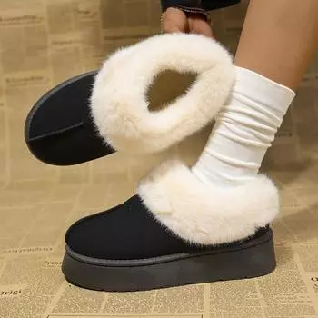 Мода 2024 года, зимние теплые тапочки на плоской подошве из меха, женские пушистые домашние тапочки из меха, женские удобные нескользящие хлопковые туфли 36 чёрный