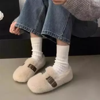 Мода 2024 года, зимние теплые женские плюшевые тапочки, плоская обувь, которую можно носить дома и в офисе, женские повседневные мюли 35-40 35 бежевый