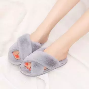 Мода 2024 года, зимние женские домашние повседневные тапочки, женские шлепанцы, пушистые туфли, перекрестные шлепанцы, женские мягкие теплые плюшевые тапочки 36-37 чёрный